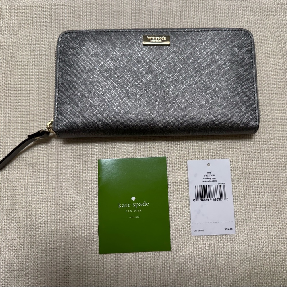 NWT Kate Spade Wallet Newbury Lane Zip Around in Metallic Anthracite